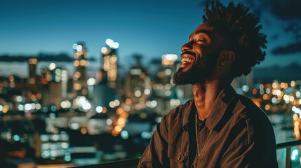 Fototapeta premium A delighted male standing on a balcony overlooking a cityscape at night, enjoying the moment.