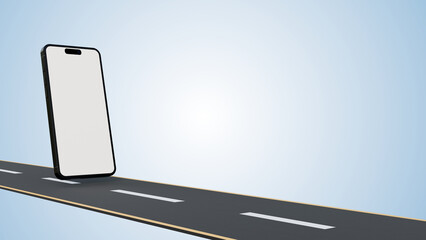 3d illustration of road with blank screen smart phone. Creative car background and online services advertising design. Travel and tourism ads. Smartphone mobile using phone display mockup.
