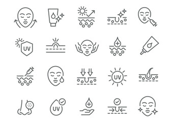 Vector Editable Icon Set in Linear Style for Skincare and UV Protection. Includes icons for hydration, sun protection, facial care, and UV shielding. Ready to use.