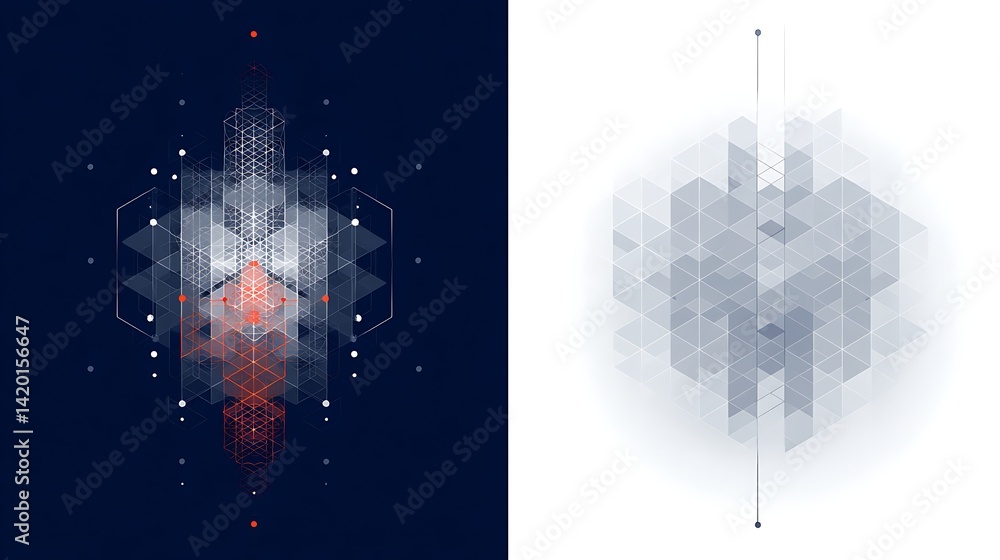 Poster geometric abstraction of interconnected cubes on split background graphic design concept.