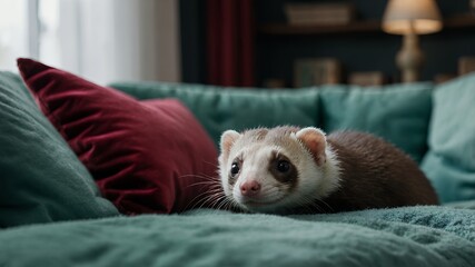 Ferret relaxing on a comfortable couch in a cozy home setting