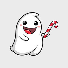 Obraz premium Cute Ghost Holding A Candy Cane Smiling