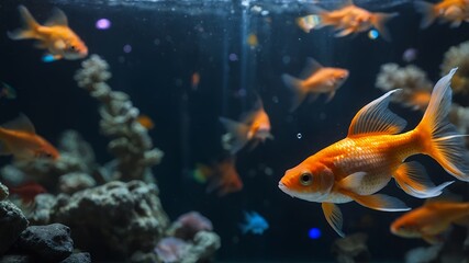 Orange Fish Swimming in Freshwater Aquarium with Decorative Coral Rocks