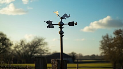 Metal weather vane on post, sunny sky, rural scene.