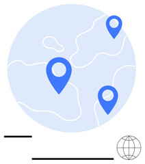 Globe with three blue location markers on different continents, thin outlines, abstract world map. Ideal for travel, navigation, geography, logistics, global marketing, exploration connectivity