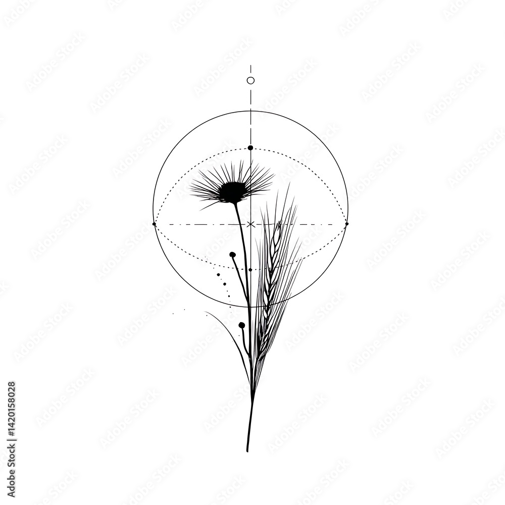 Poster geometric flower and wheat design featuring dandelion and grain on white background artistic element