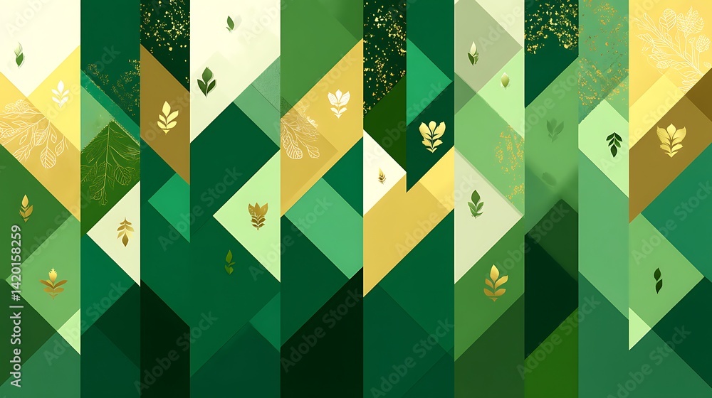 Poster geometric green and gold foliage pattern background with botanical elements and abstract design moti