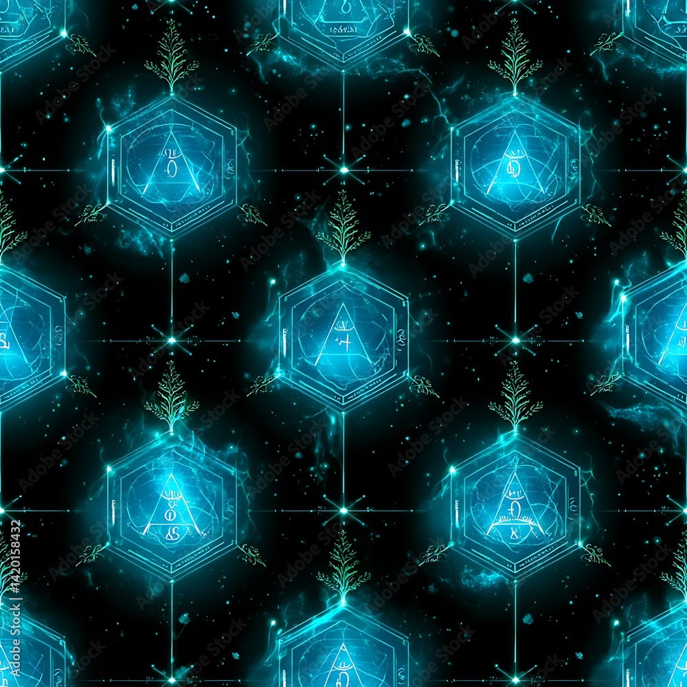 Poster geometric hexagon pattern with glowing blue light and abstract tree decorations sci fi style backdro