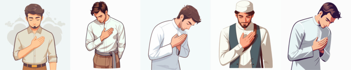 Vector collection of a man in Muslim clothing wearing a peci with various body gestures