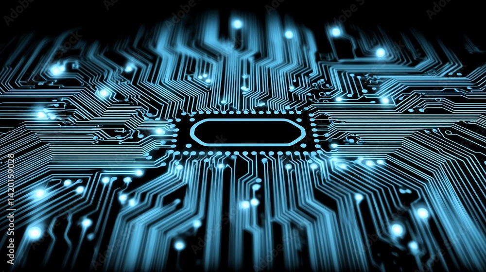 Poster hightech circuit board design, central processing unit and intricate electronic components