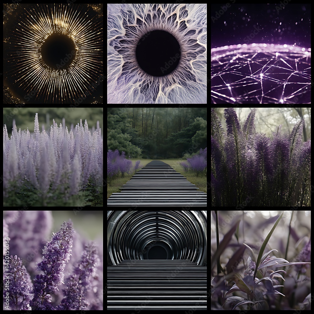 Poster geometric optical flow through floral eye paths architecture and tunnel vision plantscape metaphor.