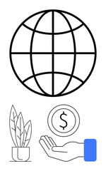 Globe symbolizing global reach, hand holding money representing finance, potted plant suggesting sustainability. Ideal for business, finance, environment, technology, global trade, investment simple