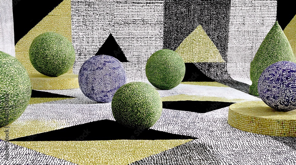 Aufkleber geometric patterned surface with spherical forms amidst abstract design elements composition.