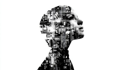 Intricate circuitry meets feminine form, a woman's face integrated with digital technology