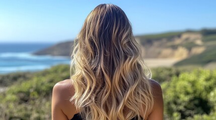 Woman gazing at serene beach landscape with waves