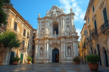 Fototapeta premium Ornate church facade in a European city square under a bright blue sky.