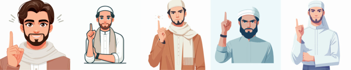 Vector collection of a man in Muslim clothing wearing a peci with various body gestures