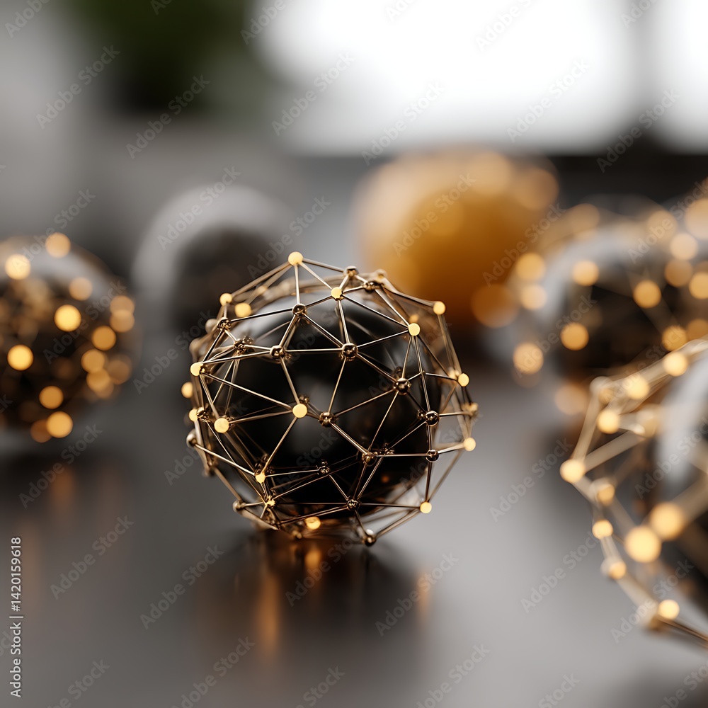 Poster geometric sphere ensemble with glowing nodes and connecting lines in artistic arrangement.