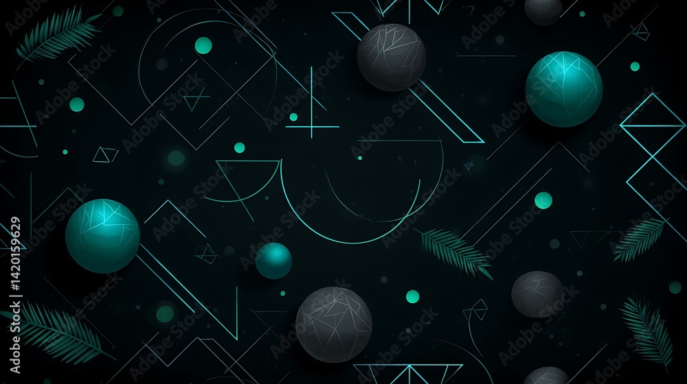 Poster geometric spheres and lines with botanical accents abstract design dark backdrop modern art composit