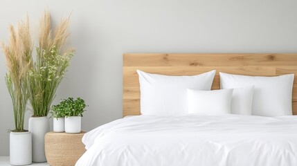 Minimalist bedroom with wooden headboard and white bedding.  A serene and stylish space with natural elements
