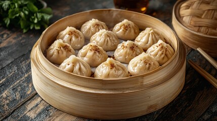 Fototapeta premium Steaming traditional round Chinese dumplings served in a bamboo steamer on rustic wooden table with chopsticks and leafy greenery in the background