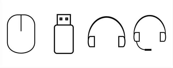 multimedia icon set, mouse, usb, headphone