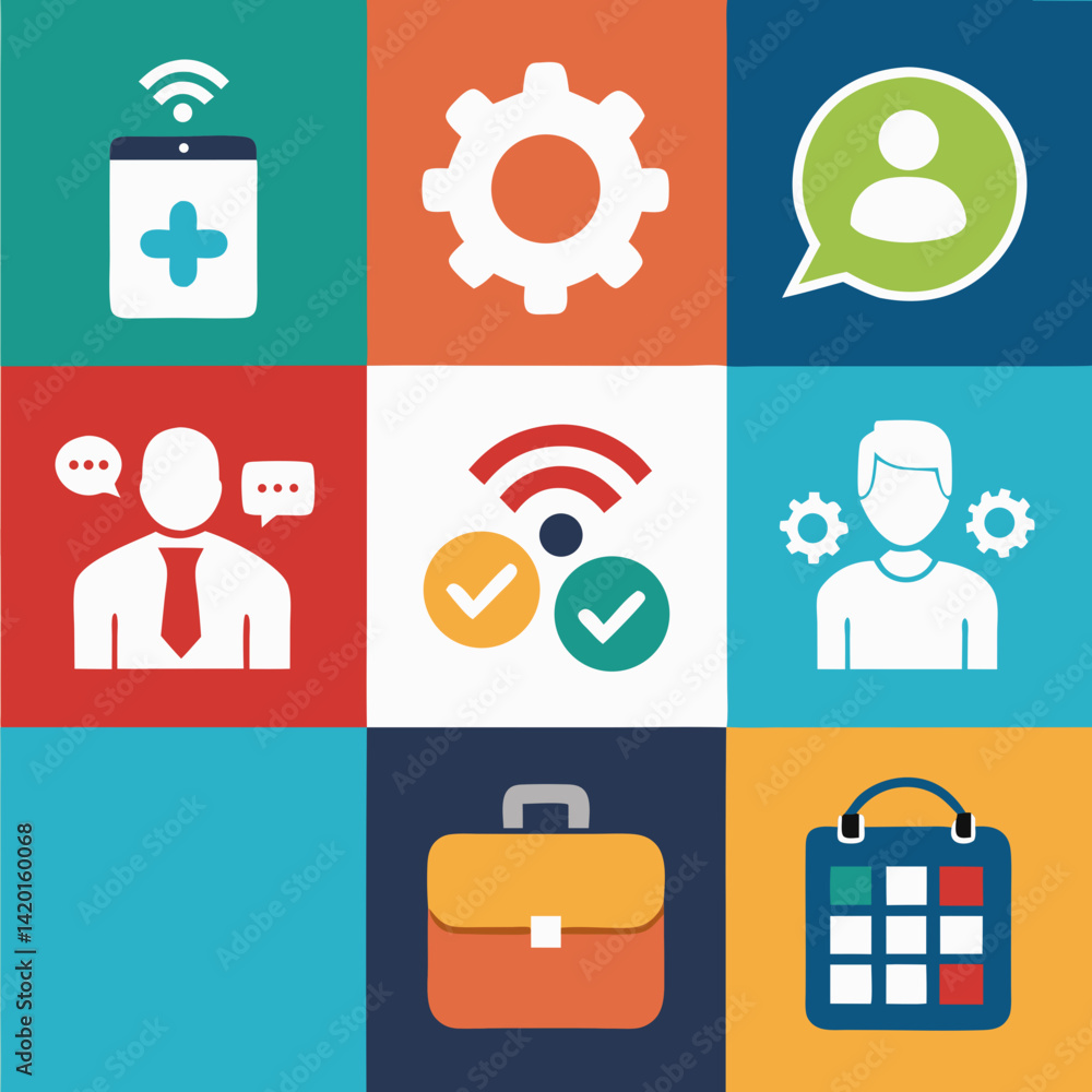 Poster a vibrant collection of colorful icons depicting key business and communication processes, showcasin
