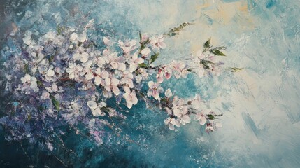 Textured painting; blossoms on branch, teal background.