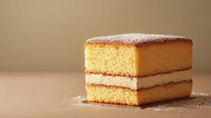Close-up of a three-layer sponge cake with cream filling dusted with powdered sugar on a neutral background for dessert and baking concepts