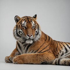 "A tiger lying in a relaxed position, photorealistic, on a white backdrop"