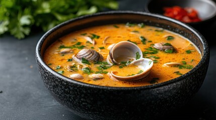 Rich and flavorful clam chowder soup with fresh herbs in a black bowl served on a dark surface for comfort food and seafood dish presentation