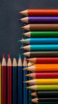 Vibrant colored pencils arranged creatively against dark background showcasing a playful composition. AI Generated