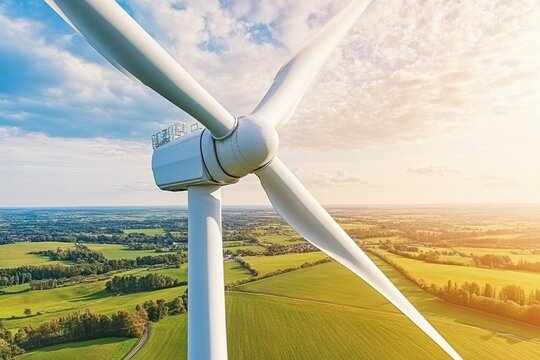 Aerial view of a wind turbine in a rural landscape.  Sunny day, green fields, and a wide shot of the blades