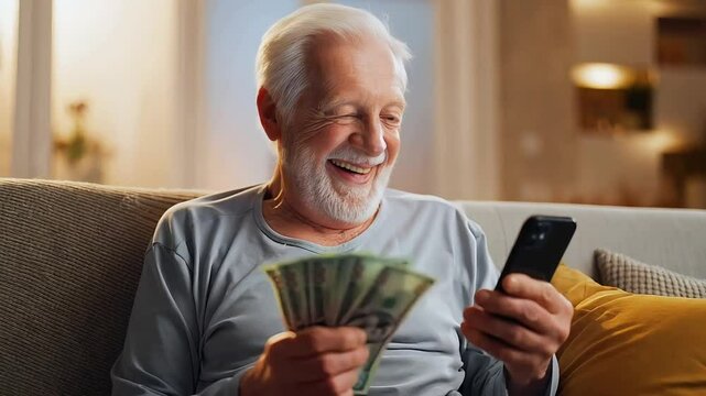 A smiling, happy senior grandfather sitting comfortably at home, counting a stack of cash while using his smartphone.