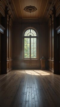 Serene sunlight streams through an arched window illuminating rich wood paneling and floors. AI Generated
