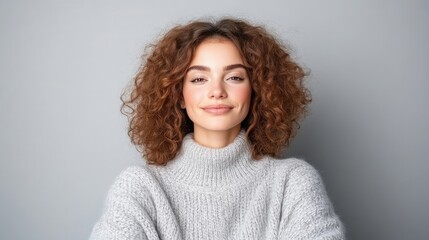 Obraz premium Woman with curly hair Minimalist style High resolution, soft lighting Portrait close-up view Knit sweater texture Serene expression Neutral background Soft neutral tones Ideal for fashion websites