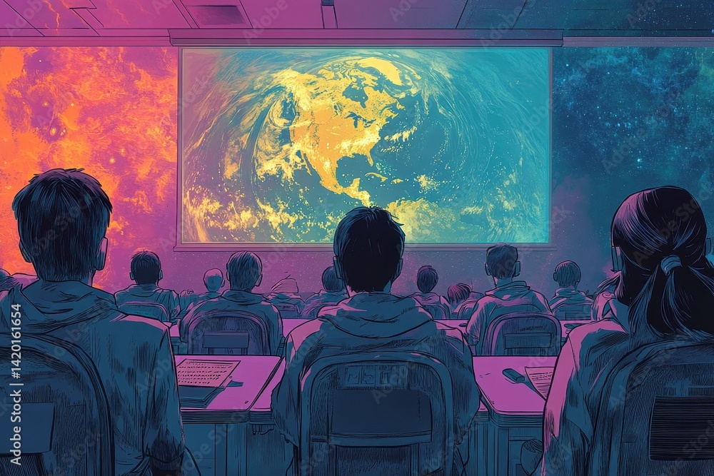Aufkleber a classroom filled with students from across the galaxy is connected by a new communication technolo