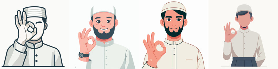 Vector collection of a man in Muslim clothing wearing a peci with various body gestures