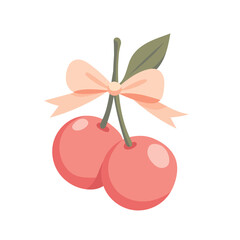 Two cherries with a bow coquette. A charming bow coquette with a pink ribbon and red cherries on a light background. A delightful Valentine's Day present.