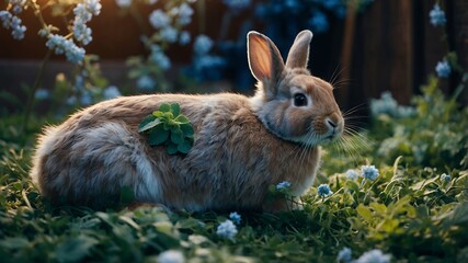 Fototapeta premium Resting Rabbit in Meadow with Wildflowers and Evening Light