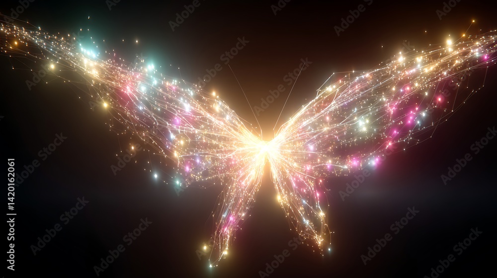 Poster glowing butterfly wings made of light particles creating luminous magical effect on dark backdrop.