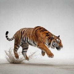 "A watercolor painting of a tiger mid-leap, isolated on white"