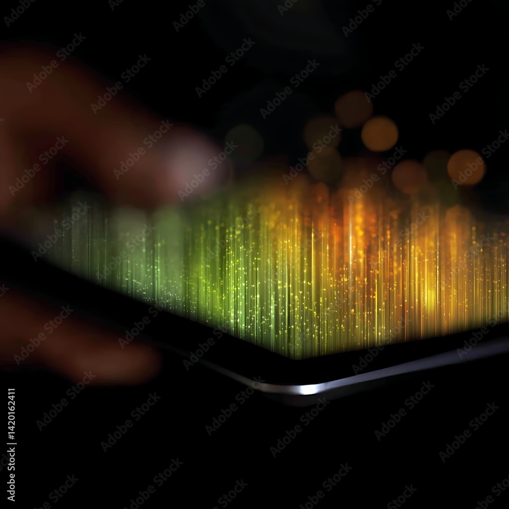Poster glowing digital interface displaying colorful light beams with a human touch interaction