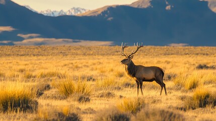Fototapeta premium Majestic deer stands proud in golden grassland.