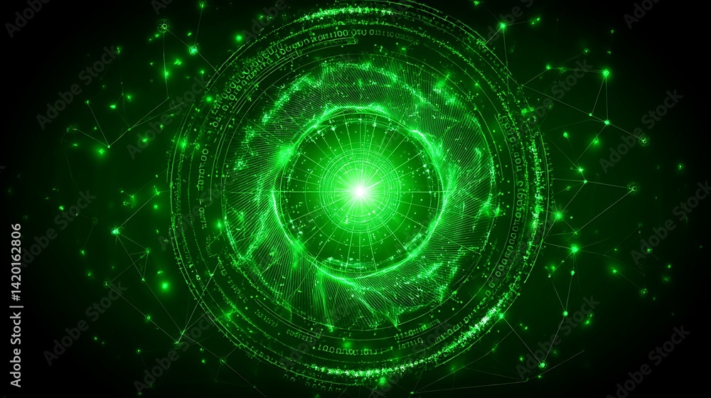 Poster glowing green geometric circle network connection futuristic data visual abstract backdrop