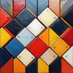 Fototapeta premium Abstract geometric pattern made of colorful wood blocks arranged in a diamond shape.