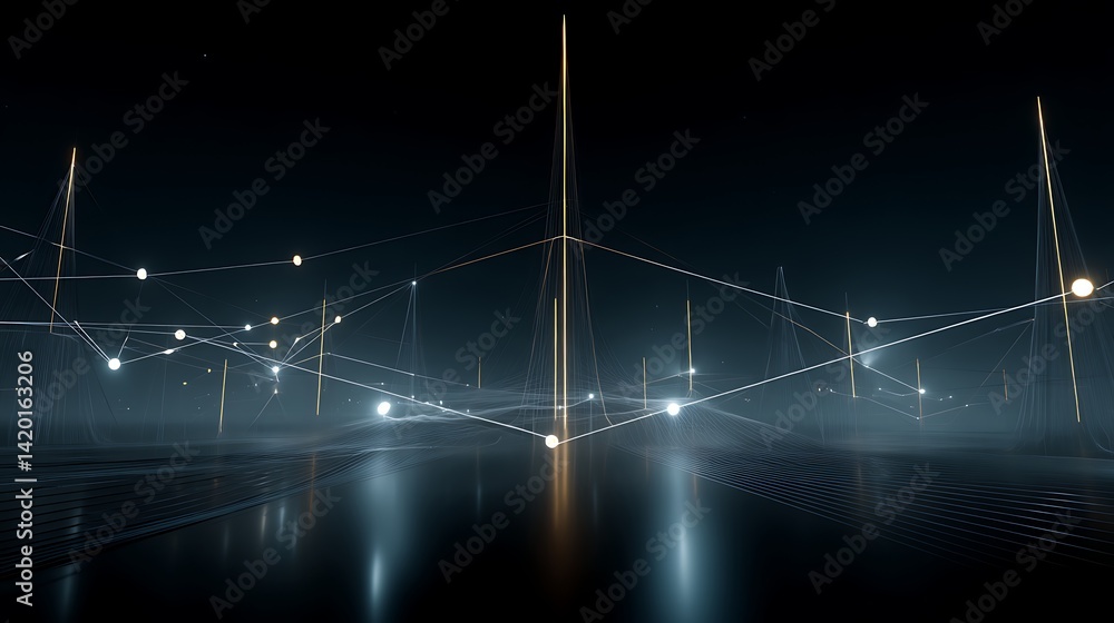 Poster glowing network node landscape with lines and reflections in the dark digital space.