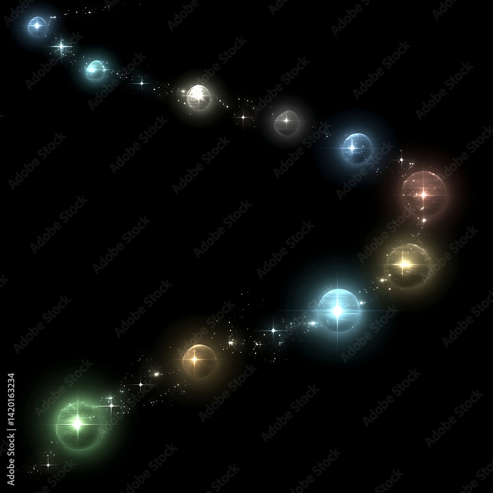 Poster glowing orb trail in starry cosmos abstract design celestial spheres shimmering lights and sparkling