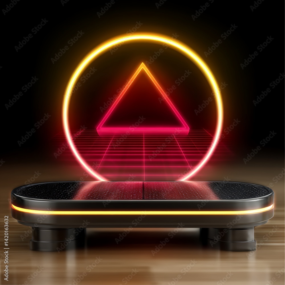 Poster glowing triangle in circle platform display aesthetic product mockup in electronic cyberpunk style
