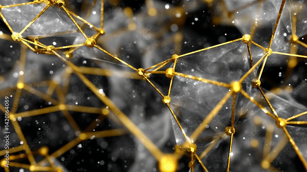 Poster golden abstract network connecting nodes in a futuristic web on dark gradient background space.